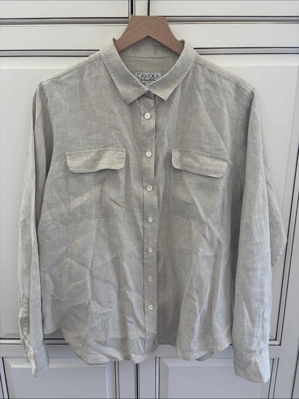 Camixa Linen Beige Long Sleeve Button Shirt Travel Beach Vacation Women’s XXL
